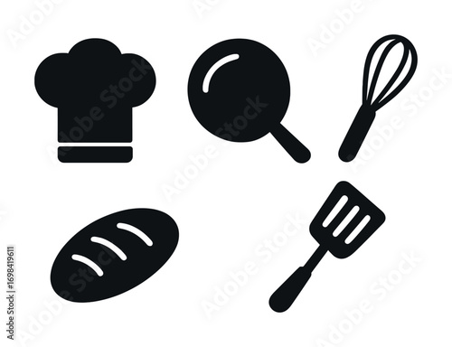 Black and white cooking icon set featuring chef hat, pan, whisk, bread, and spatula