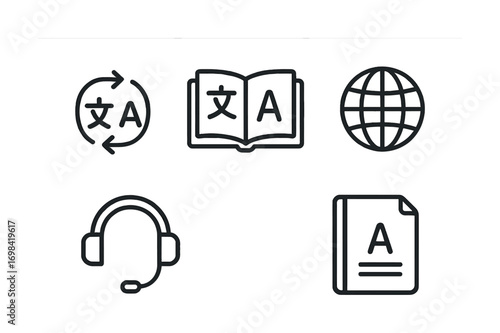 Translation and language icons: book, globe, headset, documents symbol