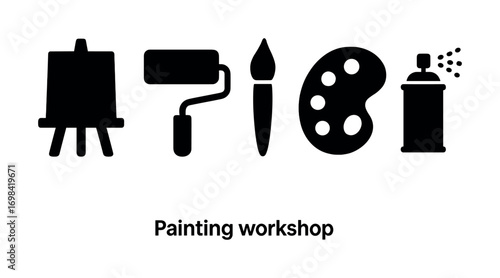 Art workshop icons: easel, roller, brush, palette, spray can