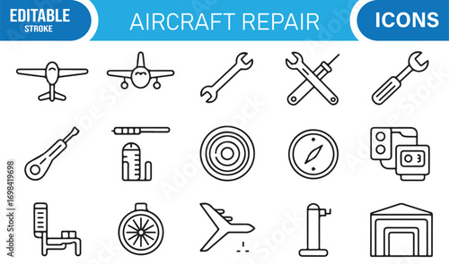 Aerospace and aircraft maintenance vector set with landing gear, runways, and engineering graphics