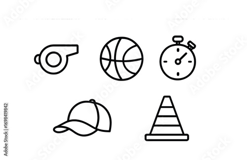 Outline icons of whistle, basketball, stopwatch, cap, and traffic cone