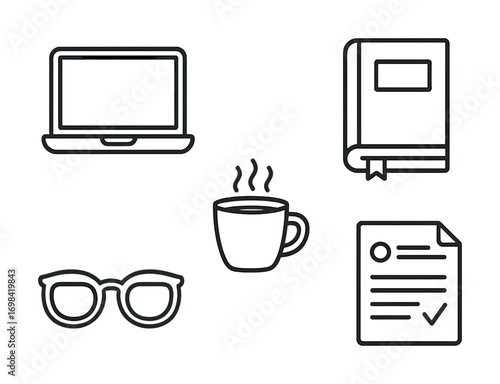 Digital workspace icons: laptop, glasses, coffee, book, document