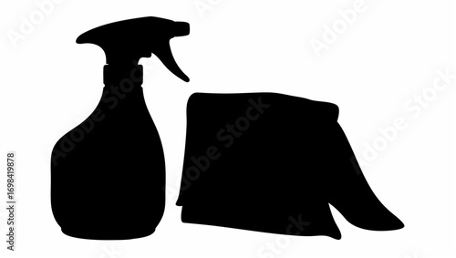 Silhouette depiction of a spray bottle with trigger and a folded cloth for cleaning purposes shown together