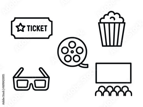 Cinema icons: ticket, film reel, popcorn, 3d glasses, movie screen