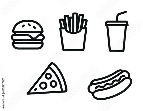 Icon set: burger, fries, drink, pizza slice, hot dog in simple black outline