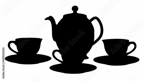 Silhouette of a tea set with a tall teapot and two cups with saucers arranged symmetrically on white