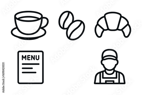 Cafe icons set: coffee cup, beans, croissant, menu, worker