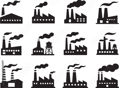 Industrial Plant Vector Illustration Set for Manufacturing and Environmental Impact