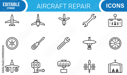 Aviation and aircraft vector icons pack including engines, hangars, compass, and repair tools