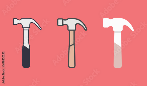 Three different styles of claw hammers, vector illustration in a minimalist graphic style on a vibrant red background