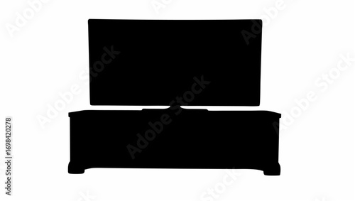 A silhouette of a television set sitting atop a cabinet with a dark background and a white backdrop view