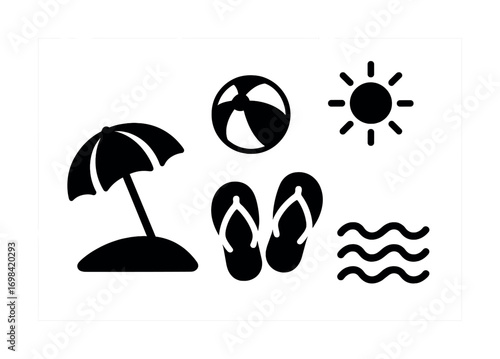 Beach icons collection: umbrella, ball, sun, flip-flops, waves