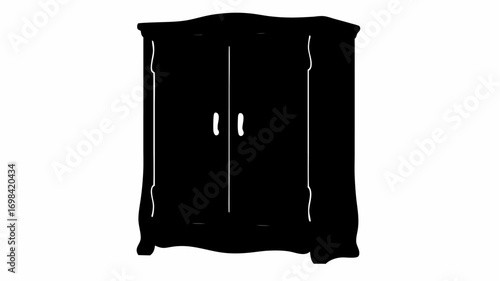 Silhouette of a dark wooden wardrobe with two doors and small handles, standing on a white background