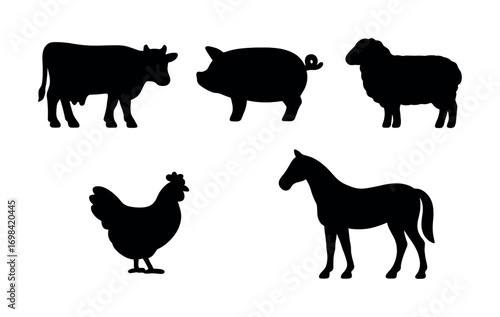 Silhouettes of farm animals: cow, pig, sheep, chicken, horse