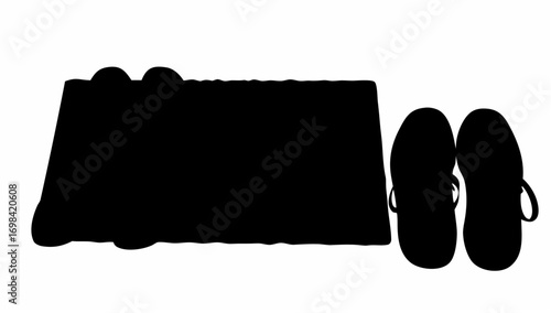 Silhouette of a folded towel and a pair of flip flops, possibly for a beach or swimming pool scene