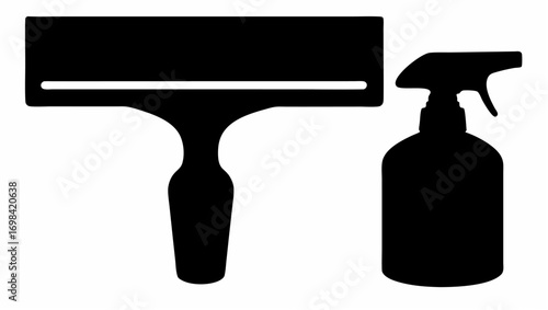 Illustration of a squeegee with a handle and a spray bottle with a trigger mechanism in black color silhouette