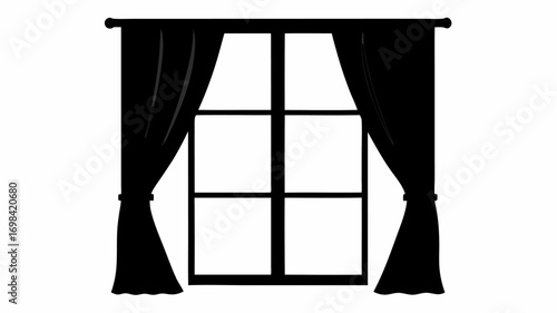 Silhouette of a window with four panes and black curtains on either side hanging from a curtain rod design