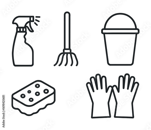 Outline icons of cleaning supplies: spray bottle, broom, bucket, sponge, gloves