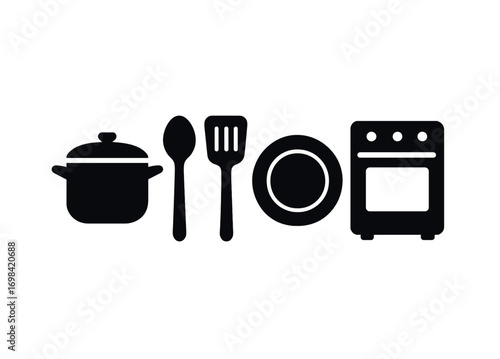 Kitchen utensils: pot, spoon, spatula, plate, oven icons in black silhouette