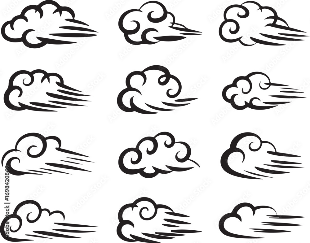 Obraz premium Set of Black Cloud Silhouettes with Wind Effect on Transparent Background for Weather Graphics