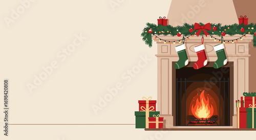Christmas background with a fireplace, gifts, and stockings, for festive decorations and greeting cards