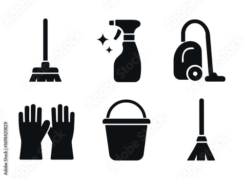 Set of cleaning tools icons: broom, spray bottle, vacuum, gloves, bucket
