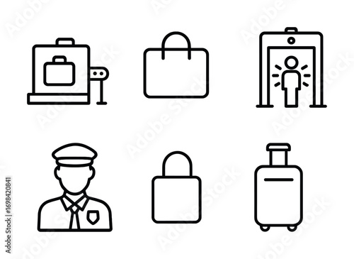 Airport security icons: baggage scanner, metal detector, security guard, luggage, lock
