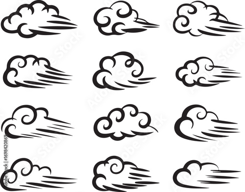 Set of Black Cloud Silhouettes with Wind Effect on Transparent Background for Weather Graphics