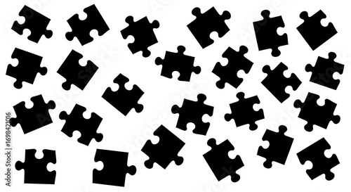 Black Jigsaw Puzzle Pieces Pattern — Scattered Puzzle Silhouette Texture for Brain-Teaser Apps, Educational Resources and Backgrounds
