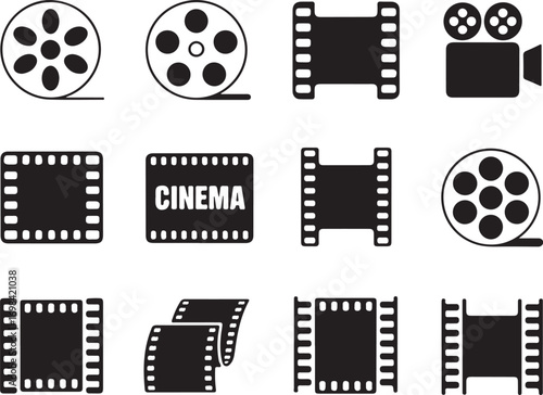 Assortment of Black Film Reel and Filmstrip Silhouettes on Transparent Background for Media Projects