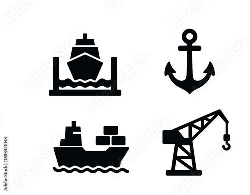 Maritime icons: cargo ship, anchor, crane, shipyard symbols
