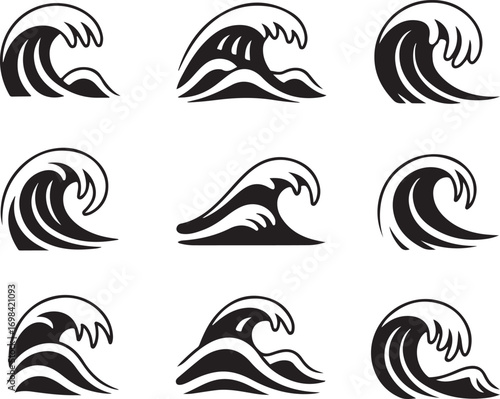 Collection of Black Wave Silhouettes on Transparent Background for Nautical and Aquatic Designs