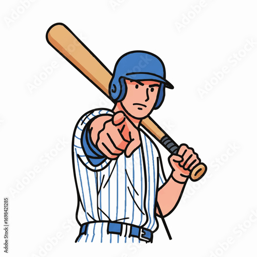 Vector Illustration of Baseball Player with Bat in Modern Stylized Design in Blue and White Colors