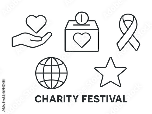 Icons representing charity festival with heart, donation box, ribbon, globe, and star symbols