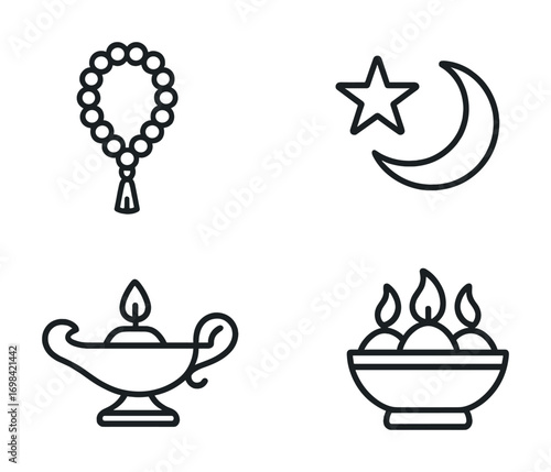 Outline icons of prayer beads, crescent star, oil lamp, and flaming bowl