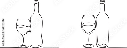 Minimal continuous line art of wine glass with bottle elegant black outline EPS vector illustration