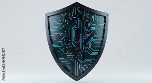 Black shield with blue circuit board pattern on a plain white background