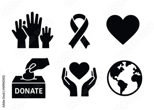 Charity and support icons: hands, ribbon, heart, donation, world