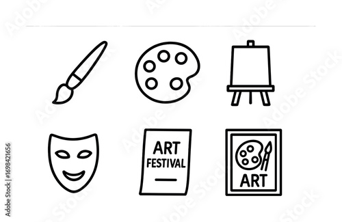Art tools and symbols: brush, palette, easel, mask, festival poster, art frame