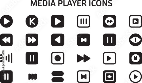 Media Player Icons Set for Audio, Video, and Multimedia Applications and User Interfaces