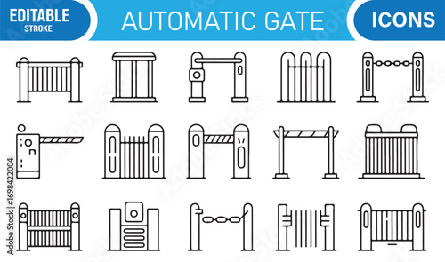 Sliding and swing gate vector illustrations with barriers, checkpoints, and urban access symbols