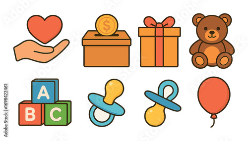 Colorful baby items with pacifier, rattle, bottle, stroller, and toys