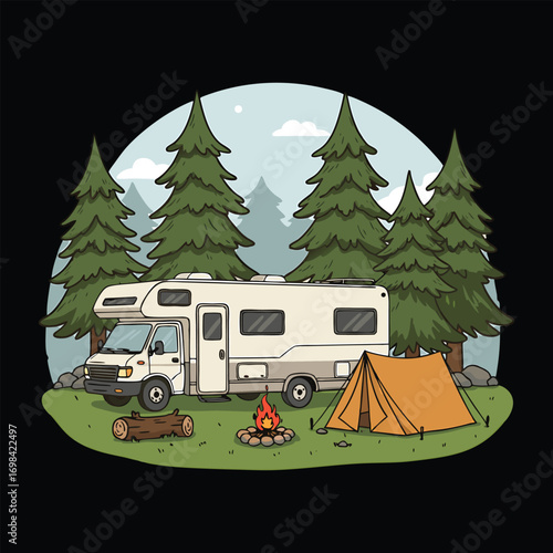 Camping adventure scene with motorhome tent and campfire in scenic wilderness