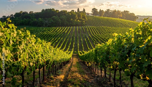 Vineyard rows stretch into a landscape of rolling hills at sunset