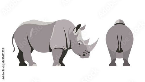 Flat vector illustration of a cute cartoon rhinoceros from the side and back, isolated on a white background.