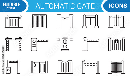 Security and gate vector icons pack including fences, turnstiles, and remote entry systems