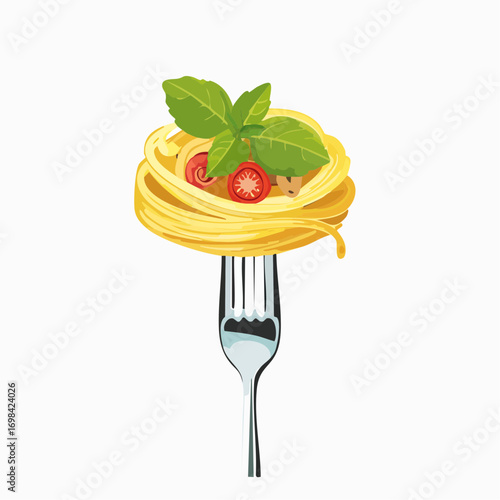 Pasta on fork. Italian traditional food, Italy cuisine, spaghetti cook in restaurant, fresh tasty meal, travel card.