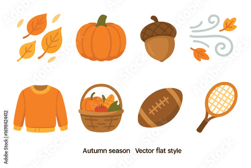Autumn season icon set: pumpkin, leaves, acorn, sweater, basket, wind, football, racket