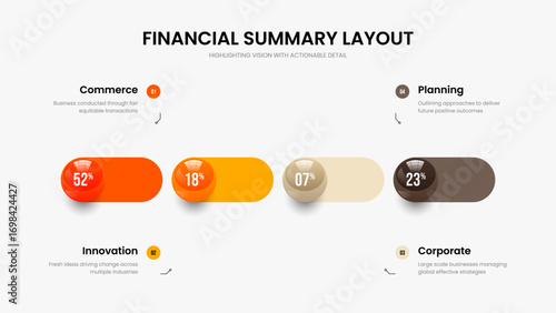 Sales Briefing 4 Option Graph Slideshow Template. Educational Report Four Element Diagram Slide Design. Enterprise Review Presentation Layout Vector Illustration.