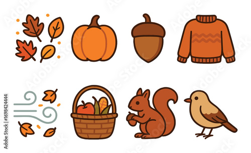 Autumn symbols: leaves, pumpkin, acorn, sweater, squirrel, and bird illustrations